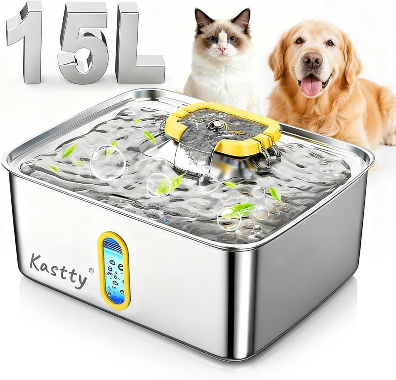 Kastty 4 Gal Dog Water Fountain for Large Dogs, 15L Stainless Steel Pet Water Fountain, QuietTriple Filtration Dog Water Bowl Dispenser with Water Level Window and LED Light Easy Clean(FS78,Yellow) - Image 1